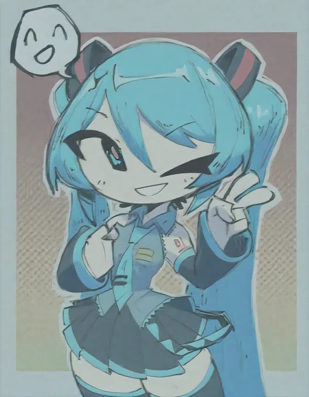 (StyleBirdBlitz),(masterpiece, best quality, absurdres),
1girl, solo, standing, (hatsune miku:1.2), smiling, thick thighs, upper body, (cowboy shot), v, cyan background, (white frame:1.1), (polka dots, halftone, halftone background, gradient background), flat color, saturated color, white outline, dutch angle, (no nose), (emoticon bubble), one closed eye