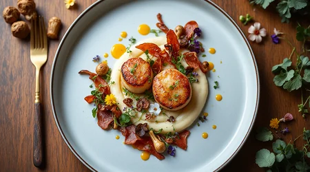 Create a visually striking Michelin-star quality dish: pan-seared scallops, gently caramelized to golden perfection, resting atop a velvety cauliflower purée infused with white truffle oil. Complement the dish with crispy pancetta shards, lightly sautéed wild morels, microgreens, edible flowers, and finish elegantly with dots of saffron emulsion. Plate with artistic precision, focusing on refined minimalism and harmonious color contrasts suitable for fine dining.