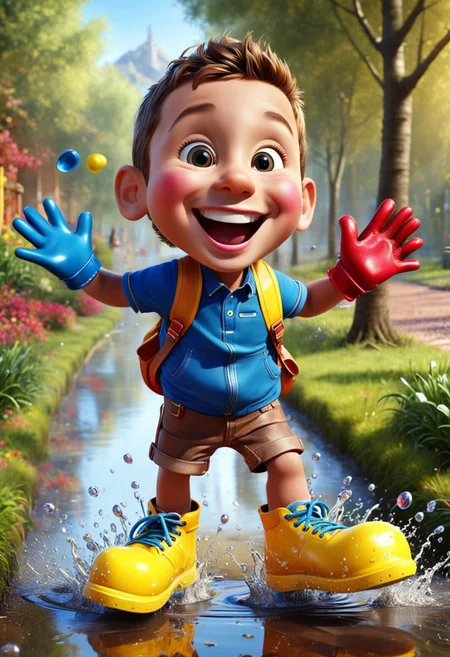 (8k, RAW photo, best quality, masterpiece:1.2), (realistic, photo-realistic:1.4), ultra-detailed, photography, 
Picture a cheerful Nokia push-button phone skipping along the path on short legs, laughing cheerfully, singing a song, cheerfully waving his hands in multi-colored gloves, jumping through puddles, splashes, splashes! Beautiful, shiny, splashing with joy and fun.
The sun shines brightly.