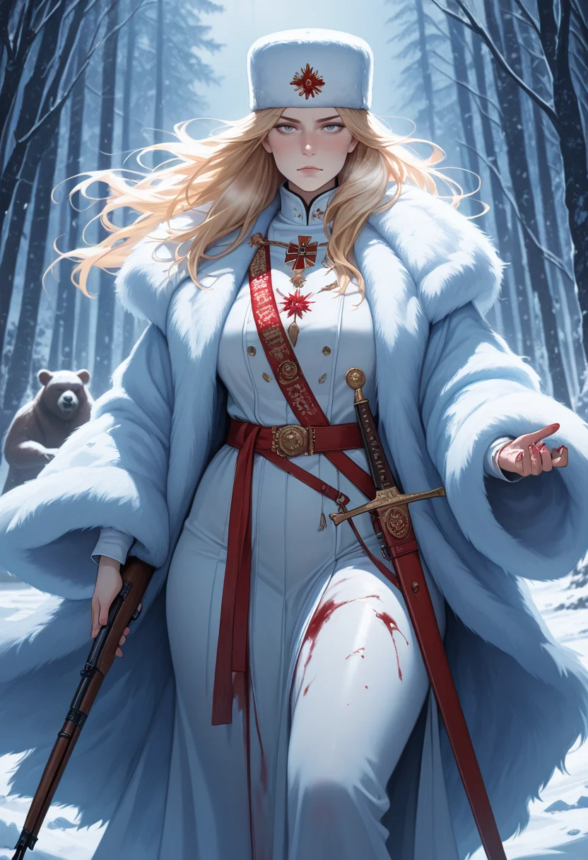 masterpiece, best quality, amazing quality, very aesthetic, absurdres, newest, realistic,
1girl, mature female, mother, cracked red star, long hair, blond hair, grey eyes, curvy, regal imperial attire, fur coat, serious, thick thighs, bear, dynamic, motion, snow, ice, looking at viewer, blood, bloody clothes, ak-47, Mosin-Nagant rifle, fur hat, cold palette, red, white, blue, bloody snow, ceremonial saber, scabbard,<lora:PulenKompot-NEQMA_Style-IL:1> neqma3