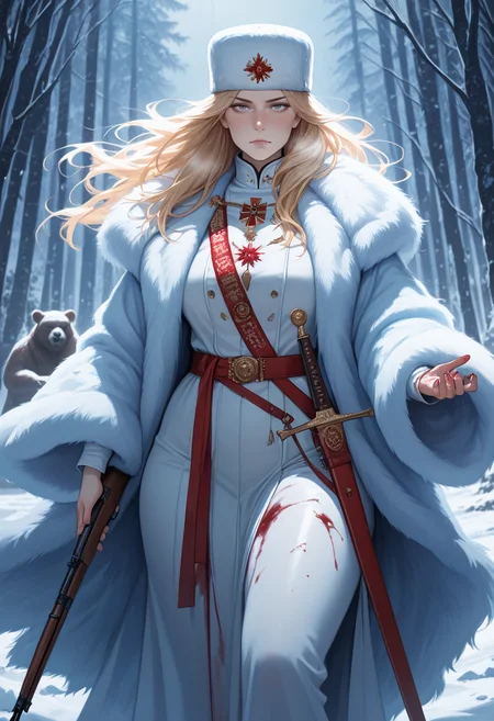 masterpiece, best quality, amazing quality, very aesthetic, absurdres, newest, realistic,
1girl, mature female, mother, cracked red star, long hair, blond hair, grey eyes, curvy, regal imperial attire, fur coat, serious, thick thighs, bear, dynamic, motion, snow, ice, looking at viewer, blood, bloody clothes, ak-47, Mosin-Nagant rifle, fur hat, cold palette, red, white, blue, bloody snow, ceremonial saber, scabbard,<lora:PulenKompot-NEQMA_Style-IL:1> neqma3