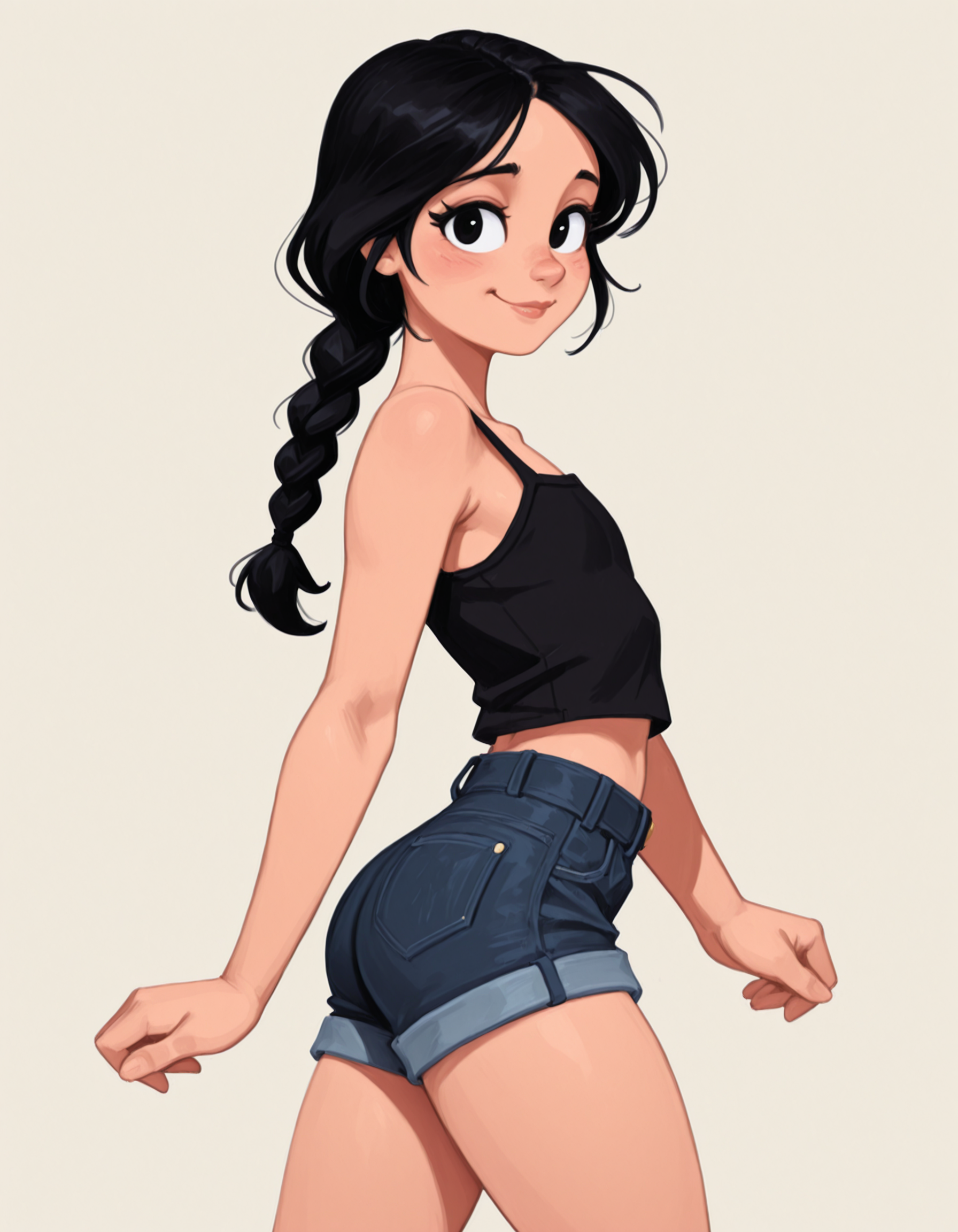 1boy,
no lineart, F1R3z,
solo, 
trap, black hair, low braid,
walking, shy, smile, looking at viewer, from side,
jeans shorts,
cowboy shot,
masterpiece <lora:AshFondue_Illustrious_v8:0.4> <lora:FiRez:0.9>