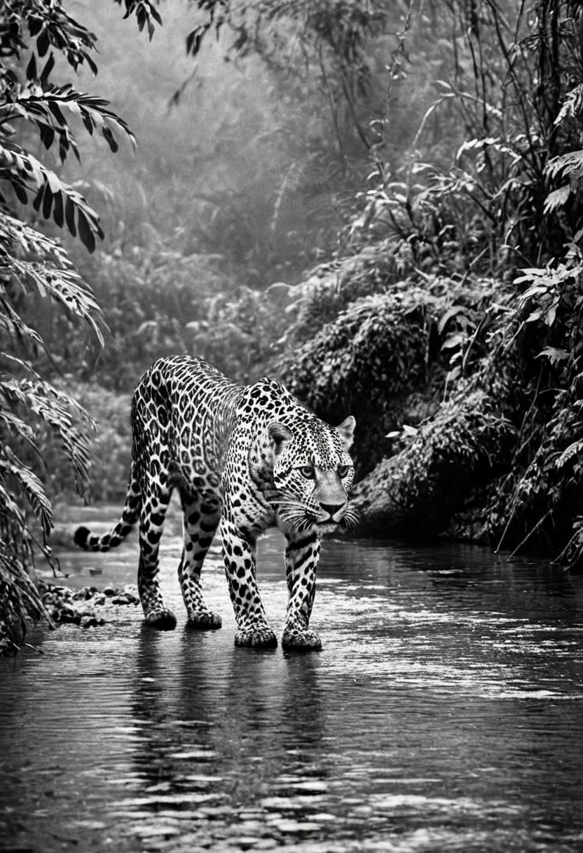 a (black and white:1.5) photo of a leopard, in the jungle, drinking at the at the edge of a river, at dusk, dense jungle forest, dramatic lights, shallow depth of field, blurred background, extreme details, intricate details, 8k, 35mm photo, photorealism, realistic photo, national geographic style, masterpiece, film photography style