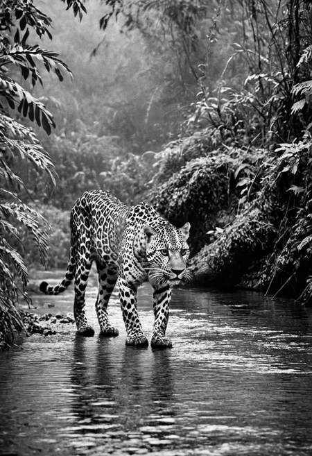 a (black and white:1.5) photo of a leopard, in the jungle, drinking at the at the edge of a river, at dusk, dense jungle forest, dramatic lights, shallow depth of field, blurred background, extreme details, intricate details, 8k, 35mm photo, photorealism, realistic photo, national geographic style, masterpiece, film photography style