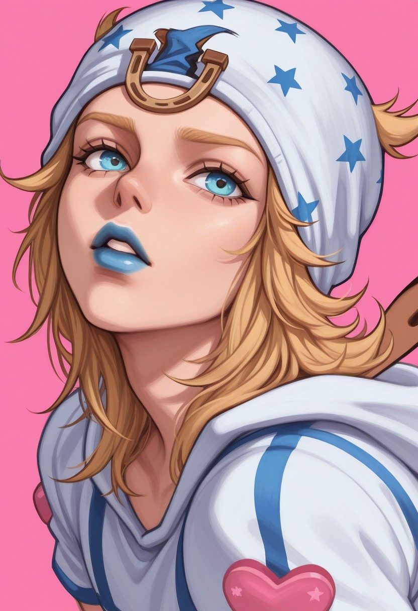anime, rough sketch, sketchy lineart, black lineart, pencil drawing, sharp edges, masterpiece, best quality, detailed background, 8k, 1boy, man, solo, Johnny Joestar, blonde hair, long hair, blue eyes, beanie, white hat, stars on hat, blue lipstick, white shirt, looking up at viewer, parted lips, half body, face focus, close up, face focus, turning to viewer, looking at viewer, dynamic pose, pink background, white background