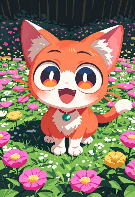 masterpiece, best quality, simple illustration, 1cat, full body, top view, huge eyes, looking to the top, in a flower garden vivid colors, tail ,happy, no_outlines,no lineart, t4kar4i_illu,