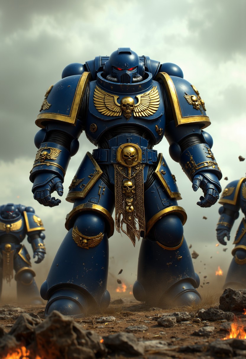 A towering Warhammer 40k Space Marine in full ceramite power armor, standing amidst a war-torn battlefield.