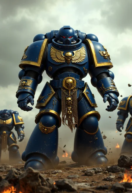 A towering Warhammer 40k Space Marine in full ceramite power armor, standing amidst a war-torn battlefield.