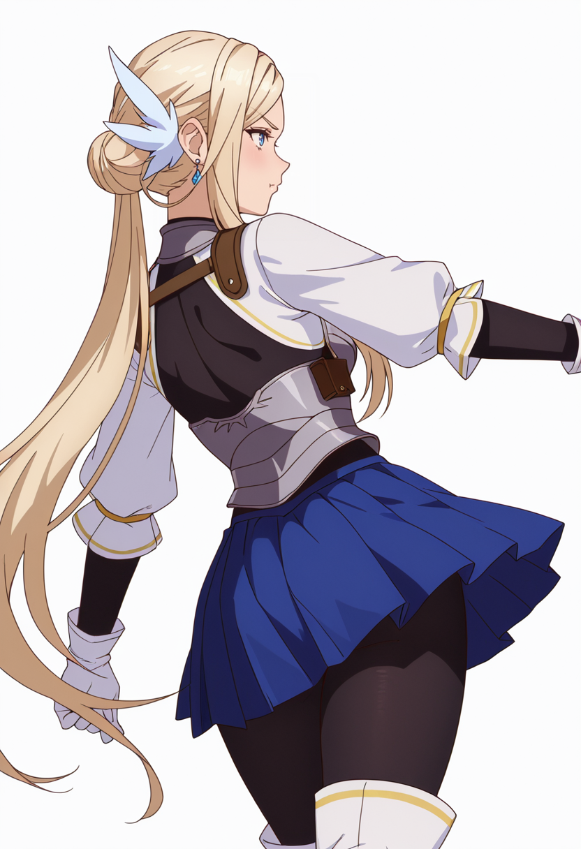 Smooth Quality,masterpiece,very intricate, high quality details, ultra realistic, high detailed skin,detailed enviorement,absurdres,
simple background, white background, dancing, solo,from behind,
 <lora:Krishna_CNR:0.8> krishna_cnr, 1girl,blonde hair,very long hair,single hair bun, sidelocks, parted bangs, blue eyes, breasts,white hair ornament, earrings,armor, breastplate, armored dress, blue skirt, pleated skirt,white gloves, black pantyhose,white thigh boots,, pout,, :i,