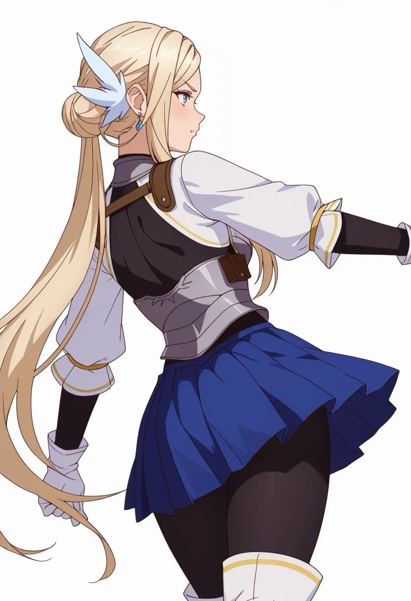 Smooth Quality,masterpiece,very intricate, high quality details, ultra realistic, high detailed skin,detailed enviorement,absurdres,
simple background, white background, dancing, solo,from behind,
 <lora:Krishna_CNR:0.8> krishna_cnr, 1girl,blonde hair,very long hair,single hair bun, sidelocks, parted bangs, blue eyes, breasts,white hair ornament, earrings,armor, breastplate, armored dress, blue skirt, pleated skirt,white gloves, black pantyhose,white thigh boots,, pout,, :i,