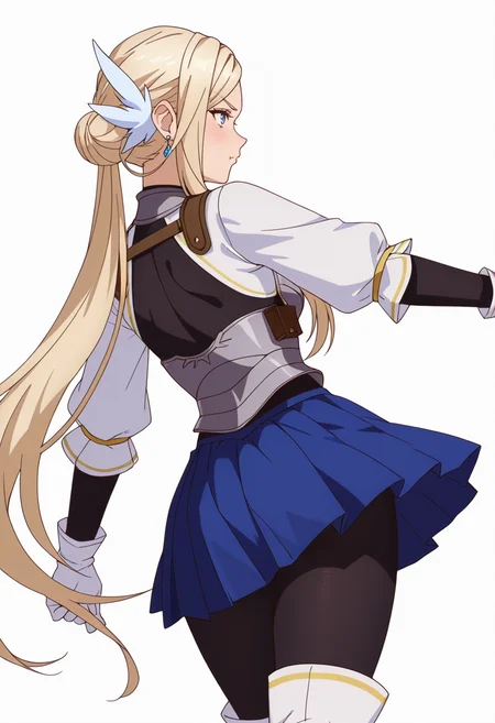 Smooth Quality,masterpiece,very intricate, high quality details, ultra realistic, high detailed skin,detailed enviorement,absurdres,
simple background, white background, dancing, solo,from behind,
<lora:Krishna_CNR:0.8> krishna_cnr, 1girl,blonde hair,very long hair,single hair bun, sidelocks, parted bangs, blue eyes, breasts,white hair ornament, earrings,armor, breastplate, armored dress, blue skirt, pleated skirt,white gloves, black pantyhose,white thigh boots,, pout,, :i,