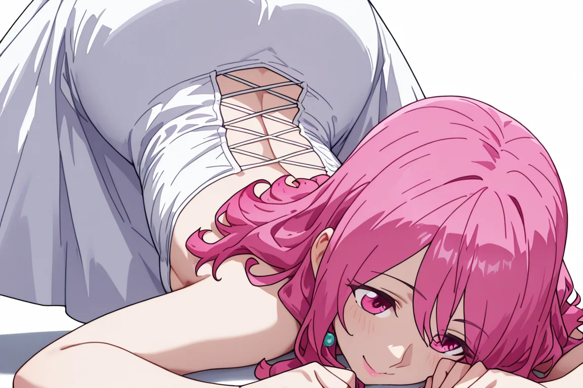 high resolution, gorgeous, absurdres, best quality, anime screencap, source_anime, official art, 1girl
BREAK
White background, smile, jack-o' challenge
BREAK
,ferma, pink hair, pink eyes, long hair,pink lipstick, pearl earrings,dress, white dress, backless dress