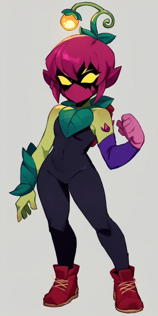 score_9, score_8_up, score_7_up, bslily 1girl  green skin ,  yellow eyes,  shaded face,   no mouth, pink hair , solo , shaded face, ,pink mouth mask, plant gir  ,,sleveless  , black bodysuit  ,  asymmetrical sleeves,  purple sleeve  ,  red footwear  <lora:lilyxl:1> , simple background,  full body,  standing, asymmetrical footwear,  red footwear