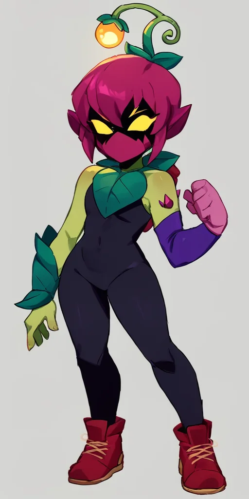 score_9, score_8_up, score_7_up, bslily 1girl  green skin ,  yellow eyes,  shaded face,   no mouth, pink hair , solo , shaded face, ,pink mouth mask, plant gir  ,,sleveless  , black bodysuit  ,  asymmetrical sleeves,  purple sleeve  ,  red footwear  <lora:lilyxl:1> , simple background,  full body,  standing, asymmetrical footwear,  red footwear