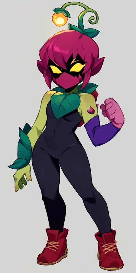 score_9, score_8_up, score_7_up, bslily 1girl green skin , yellow eyes, shaded face, no mouth, pink hair , solo , shaded face, ,pink mouth mask, plant gir ,,sleveless , black bodysuit , asymmetrical sleeves, purple sleeve , red footwear <lora:lilyxl:1> , simple background, full body, standing, asymmetrical footwear, red footwear