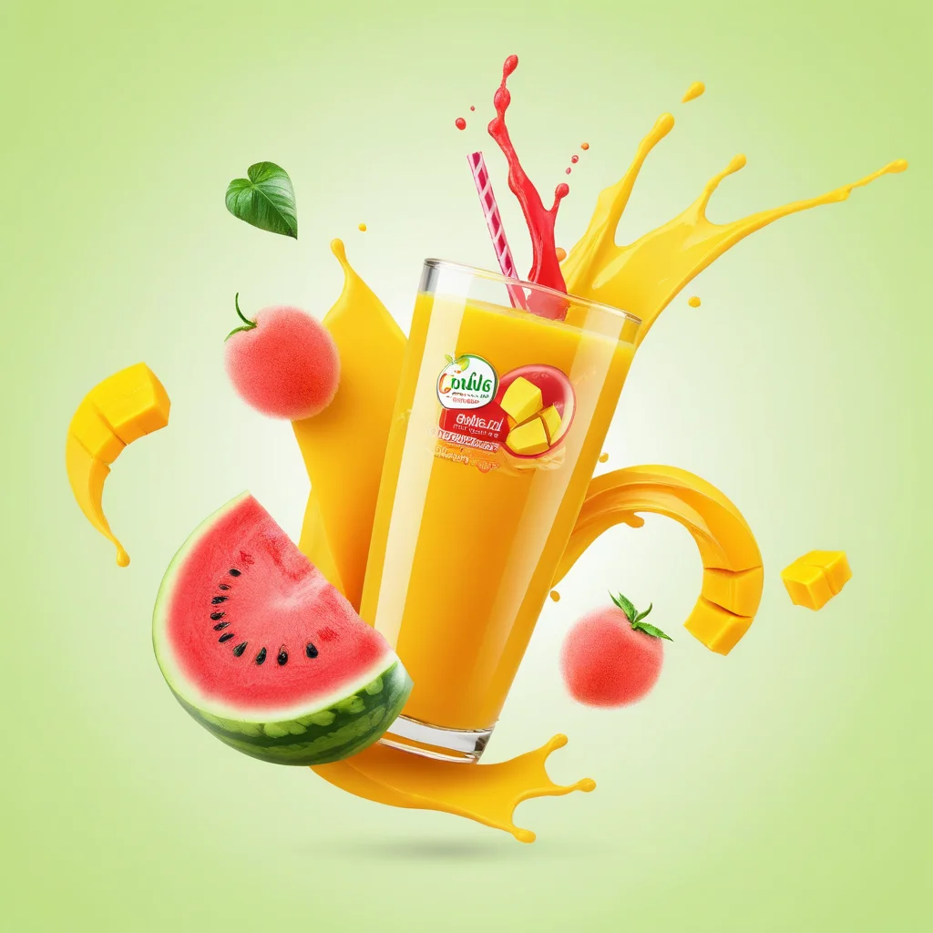 shuidi,<lora:shuidi:0.5>,a glass of fresh juice,mango,watermelon flying,