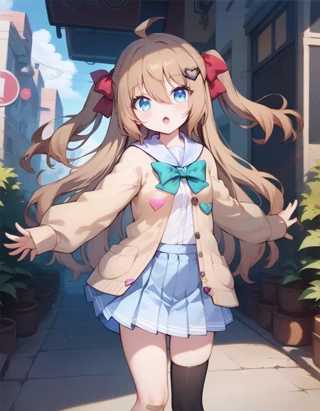 score_9,score_8_up,score_7_up,score_6_up BREAK official art,solo,outdoors,looking at viewer,facing viewer,Neuro-sama,ahoge,very long hair,long hair,brown hair,two side up,hair bow,red bow,hairclip,heart hair ornament,hair between eyes,bangs,blue eyes,school uniform,blue sailor collar,brown cardigan,open clothes,open cardigan,white shirt,green bow,puffy long sleeves,sleeves past wrists,button badge,small breasts,blue skirt,pleated skirt,bandaid on knee,single thighhigh,asymmetrical legwear,black thighhighs,single sock,loafers,brown footwear,<lora:Neuro-Sama(vtb)-Pony-000015:1.5>,<lora:Smooth Anime Style LoRA XL>,