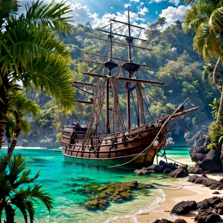 (masterpiece:1.2), (best quality,:1.2), 8k, HDR, ultra detailed, ((photorealistic)), perfect anatomy, professional light, cinematic lighting, fashion photography, ambient lighting,<lora:detail_slider_v4:3>, pire, <lora:PirateRealms-10:1>, a tropical island with a pirate ship anchoring in the bay, in the caribbean, epiCPhoto