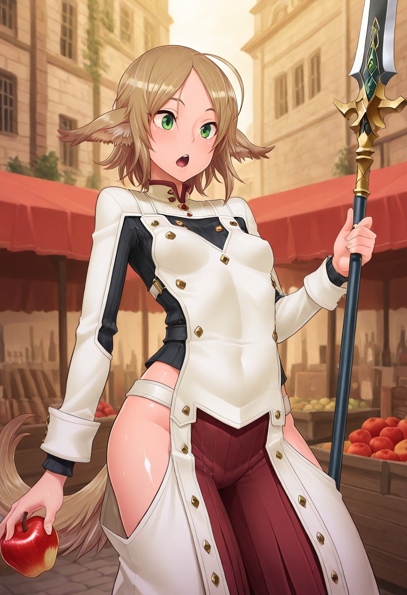masterpiece, best quality, amazing quality,, (1girl, solo) noa riads, animal ears, green eyes, tail, brown hair, short hair, ahoge, dog ears, dog tail, long tail, , small breasts, ,ccowboy shot,looking away,<lora:goddessarmor_IL:1>,goddess armor,hair ornament,blue hair,swept bangs,polearm,holding spear,holding apple,street,market,open mouth,  shiny skin, shiny body, shiny hair, (best quality) , (highly detailed) ,((masterpiece)), ((best quality)), (ultra-detailed), ((extremely detailed)), (high resolution), 4K, (8K), best quality, (beautiful), (dynamic lighting), (super detailed skin), sharp focus,detailed eyes、detailed face and detailed skin detailed eyes、detailed face and detailed skin, skindentation, clear skin, shiny hair, ultra detailed eyes, depth of field, sharp, intricate details, hyperdetailed, shindol, Shindol style