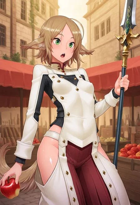 masterpiece, best quality, amazing quality,, (1girl, solo) noa riads, animal ears, green eyes, tail, brown hair, short hair, ahoge, dog ears, dog tail, long tail, , small breasts, ,ccowboy shot,looking away,<lora:goddessarmor_IL:1>,goddess armor,hair ornament,blue hair,swept bangs,polearm,holding spear,holding apple,street,market,open mouth, shiny skin, shiny body, shiny hair, (best quality) , (highly detailed) ,((masterpiece)), ((best quality)), (ultra-detailed), ((extremely detailed)), (high resolution), 4K, (8K), best quality, (beautiful), (dynamic lighting), (super detailed skin), sharp focus,detailed eyes、detailed face and detailed skin detailed eyes、detailed face and detailed skin, skindentation, clear skin, shiny hair, ultra detailed eyes, depth of field, sharp, intricate details, hyperdetailed, shindol, Shindol style