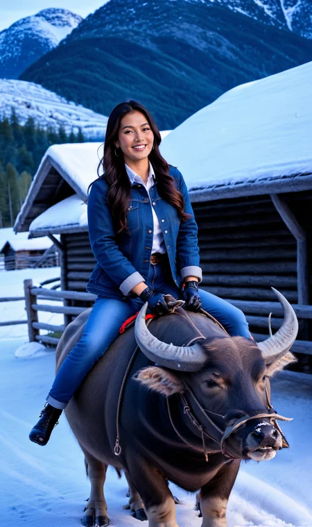 masterpiece, realistic, official art, Thai Girl riding Thai Buffalo at snow mountain , Sweden, (snowing:1.6),
1girl, 1animal, 40 years old, mature, t-shirt, denim, very long hair, black hair, <lora:SDXL_BTT_THARUNEE_v01:1>,SDXL_BTT_THARUNEE_v01, Thick leather coat, wool hat, (glove:1.3), smile,
animal, (Thai Buffalo:1.1), <lora:SDXL_BTT_Ride_Thai_Buffalo_v01A:1.0>,SDXL_BTT_Ride_Thai_Buffalo_v01A,
outdoors, ( snow mountain:1.5) , Sweden, <lora:HandFineTuning_XL:1>, <lora:Aether_Snow_v1_SDXL_LoRA:0.7>