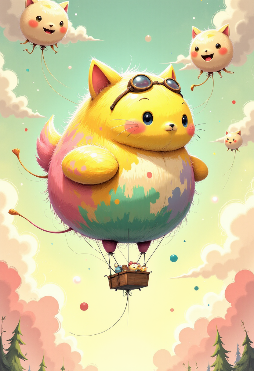 In a whimsical realm where fantasy blurs into reality, a round creature with stubby legs and cherubic kitten faces gracefully floats on a giant rubber duck-shaped hot air balloon. The amphibious crew of joyful frogs, adorned with tiny pilot goggles, guides this vibrant vessel through an enchanting landscape below. Here, trees glisten like spun cotton candy while rivers gleam as though woven from liquid gold. Surrounding the floating spectacle, the sky is a canvas painted with fluffy clouds shaped like whimsical animals, each sporting mischievous grins.  The scene bursts with a kaleidoscope of colorsâeach hue more playful and vibrant than the last, embodying an aura of delightful chaos. The round creature exudes cuteness, its fur shimmering in hues that defy nature's paletteâa random mix of pastels and jewel tones that add to the surreal charm. Whimsy saturates every corner: hair, skin, and eyes are all splashed with unexpected shades, lending a sense of joyful unpredictability.  The landscape below mirrors this fantastical energy, where everything is crafted for pure visual pleasure. Every element in this masterpiece radiates high detail and quality, each brushstroke contributing to the overall feeling of magic and merriment. It's an artistic exploration of color and fun, capturing hearts with its unabashed whimsy and vibrant tableauâa true celebration of imagination unfettered by realityâs constraints., WackadoodleDaal ,