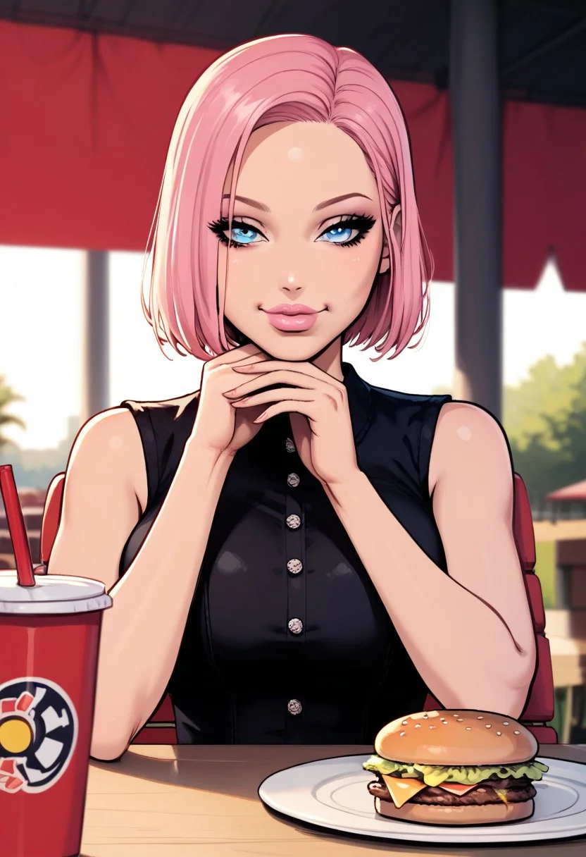 score_9, score_8_up, score_7_up, BREAK, 1girl, Zfive, upper body focus, (looking at viewer), (bimbo:1.2), bored face, flat smile, (half body:1.2), Shallow depth of field, under-boo,
casual short dress, sitting, table, market, chair, drink on table,
tecna, pink hair, short hair, blue eyes, BREAK,
detailed face, sun, eating burger, holding two hands burger, plate,