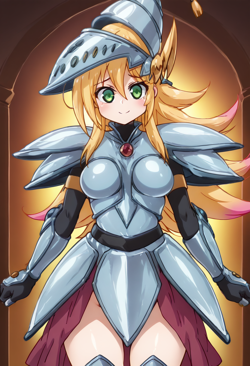 (masterpiece, best quality, good quality, very aesthetic, absurdres, newest:1.2), (curvy, medium breasts),  zzDMGDragonKnight, green eyes, long hair, blonde hair, hair between eyes, armor, helmet,  , <lora:DarkMagicianGirlDragonKnight_NAI:1.0>,, smile, looking at viewer, cowboy shot,  ,<lora:IshuzokuReviewersNAI:1.0>,