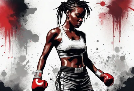 inkpunk three colors only (anime:0.3), ink and paper illustration, inked, female boxer, African American, tight braids, at a distance, boxing gloves, sports bra, boxing shorts, boxing pose, rope-a-dope, boxing ring warehouse interior, bleak, ink splashes, ink spots, ink smears, evoking fortitude and resolve, desolate, abandoned, bold strokes, ink illustration, dusty, very windy, night, very dark, dust billowing, powder in the air, vision obscured, rays of light, gray and black and deep crimson tones, light streaming thru window