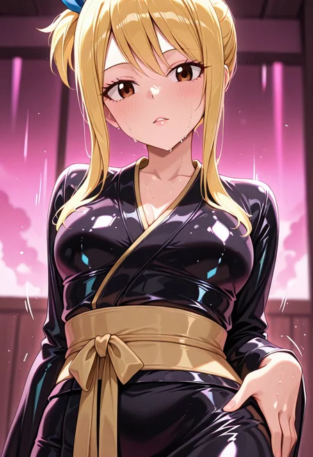 masterpiece, best quality, good quality, very aesthetic, absurdres, newest, 8K, depth of field, focused subject, in the style of cknc, artist:moriimee, in the style of cksc,
1girl, lucy heartfilia (fairy tail), long blonde hair, loose, brown eyes, small_breasts, perky, kimono, metallic_latex, neon_accents, glossy lips, sweaty, leaning_back, hand_on_hip, looking at_viewer, breast focus, motion_lines:0.7, motion_blur:0.7, retrofuterotica,
BREAK
neon_guildhall, holographic_keys, glitchy_crystals,
BREAK
neon_colors, warm_tones, shiny_surfaces, glitch_overlay, soft_warm_light, neon_highlights, film_grain, rich_details, view_front, from_front,
