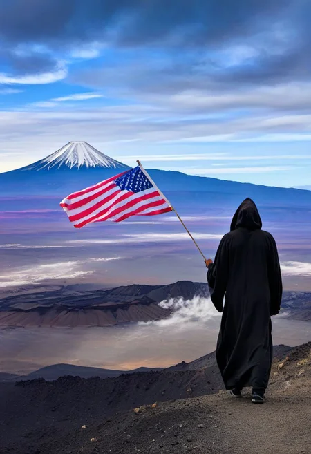 (((us flag:1.2) stars and stripes)) blowing in wind ((Grim-reaper)) overlooking desolate ((volcanic)) valley, (Illuminati:1.4), (immense detail:1.2)), (deep space, deep galactic travel background),Dark and eavil glow, glow neion paint, dark, surrealism, defined sharp edges, mystical, (multi-dimensional:1.2), psychedelic art