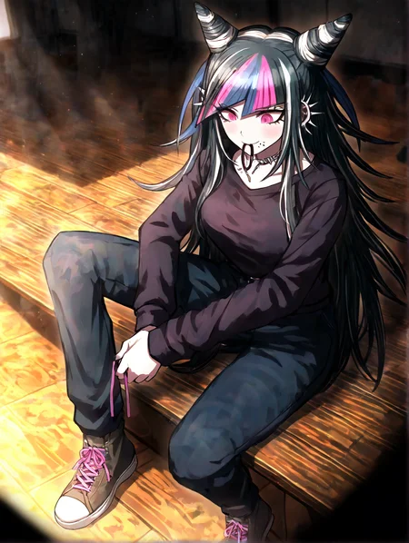 masterpiece,best quality,amazing quality,very aesthetic,absurdres,newest,huge filesize,<lora:limbus92:0.9>,limbusstyle,sitting, high angle, tying shoelaces, casual setting, warm sunlight filtering in,danganronpa_(series),mioda ibuki,danganronpa (series),