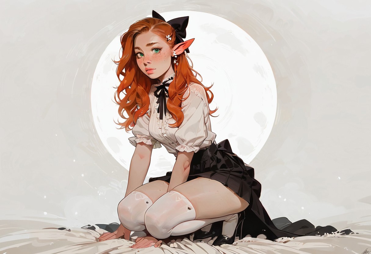 score_9, score_8_up, score_7_up, (masterpiece:1.4), (4k, high quality, best quality:1.2), detailed face, detailed eyes, detailed mouth, (semi realistic), (realistic comic style:1.2), medium close shot, front view, downwards angle,
BREAK
1girl, cute ginger girl, young elf, (long red hair), Squatting, [Karen Gillan|Riley Reid], half up hairstyle with hairbow, wearing elven clothes, skirt, thighhighs, jewelry, green eyes, pointed ears, freckled face, freckled chest, (petite body, narrow hips, petite breasts, petite ass), 
BREAK