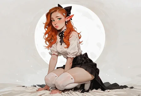 score_9, score_8_up, score_7_up, (masterpiece:1.4), (4k, high quality, best quality:1.2), detailed face, detailed eyes, detailed mouth, (semi realistic), (realistic comic style:1.2), medium close shot, front view, downwards angle,
BREAK
1girl, cute ginger girl, young elf, (long red hair), Squatting, [Karen Gillan|Riley Reid], half up hairstyle with hairbow, wearing elven clothes, skirt, thighhighs, jewelry, green eyes, pointed ears, freckled face, freckled chest, (petite body, narrow hips, petite breasts, petite ass), 
BREAK