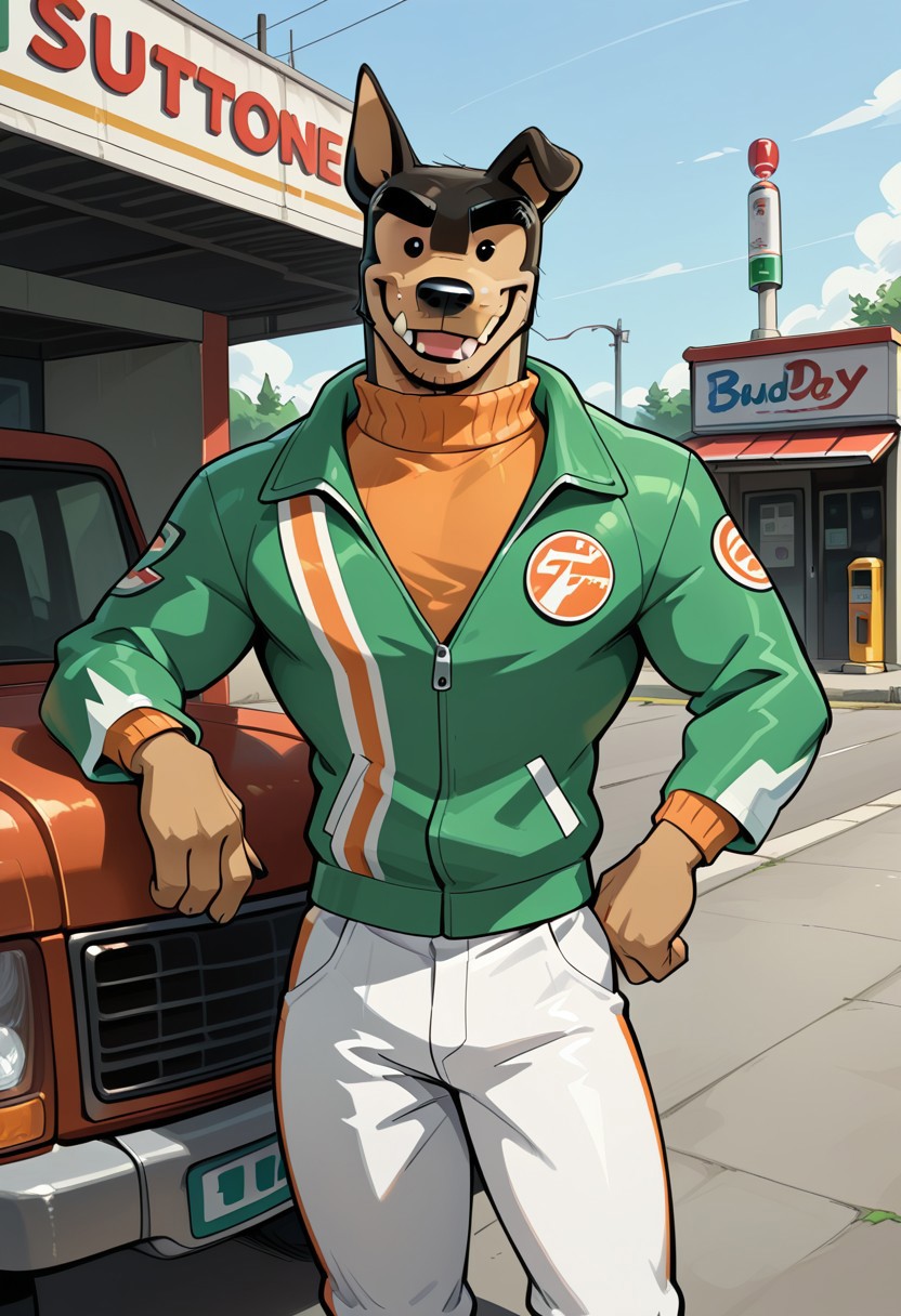 Masterpiece, best quality, high quality, detailed, Buddy Thunderstruck, broad shoulders, mature male, black eyes, black body, tan underbelly, athletic build, anthro, fangs, dog, animal ears, 1 droopy ear, square snout, stubble, orange turtle neck, green jacket, white pants, smiling, looking at viewer, half body, gas station, outdoors