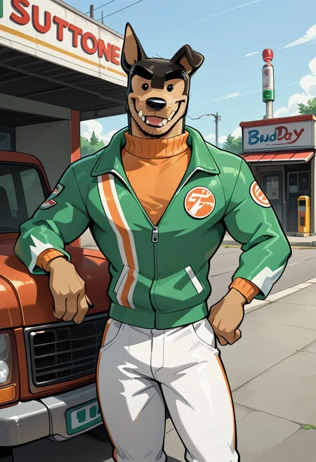 Masterpiece, best quality, high quality, detailed, Buddy Thunderstruck, broad shoulders, mature male, black eyes, black body, tan underbelly, athletic build, anthro, fangs, dog, animal ears, 1 droopy ear, square snout, stubble, orange turtle neck, green jacket, white pants, smiling, looking at viewer, half body, gas station, outdoors