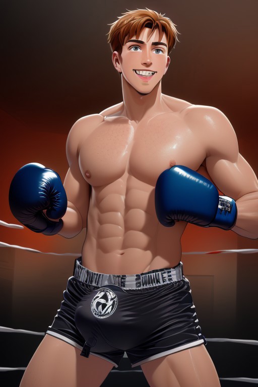 full shot, a beautiful man, realistic, ultra-detailed, cowboy shot,
rating_explicit,
best quality, highly detailed, ultra high quality, masterpiece, high res, dynamic lighting, from below, 
1boy, Twink, male focus, solo, sexy, flynn rider, brown hair, micro shorts, ((huge bulge, immense bulge, gigantic bulge, giant bulge, insane bulge, visible_penis_line (bulgemania)) <lora:Bulge_Mania:.7>,  shorts, lowleg, very lowleg shorts,  low waist shorts, low_rise tight shorts, low rise, sagging, shorts below hips, hips showing, very low shorts, shorts falling down, tiny shorts,
flexing, grin, looking at viewer, boxing ring, fingerless gloves, smirk
male, 18 years old, chiseled face, freckles, large pectorals, lean body, wide shoulders, slim waist, tiny waist, massive bulge, huge bulge dripping cum, base of penis visible, bubble butt, muscular, massive pectorals, wide shoulders, tiny waist, narrow waist,
Detailed background, indoors, boxing ring, crowd