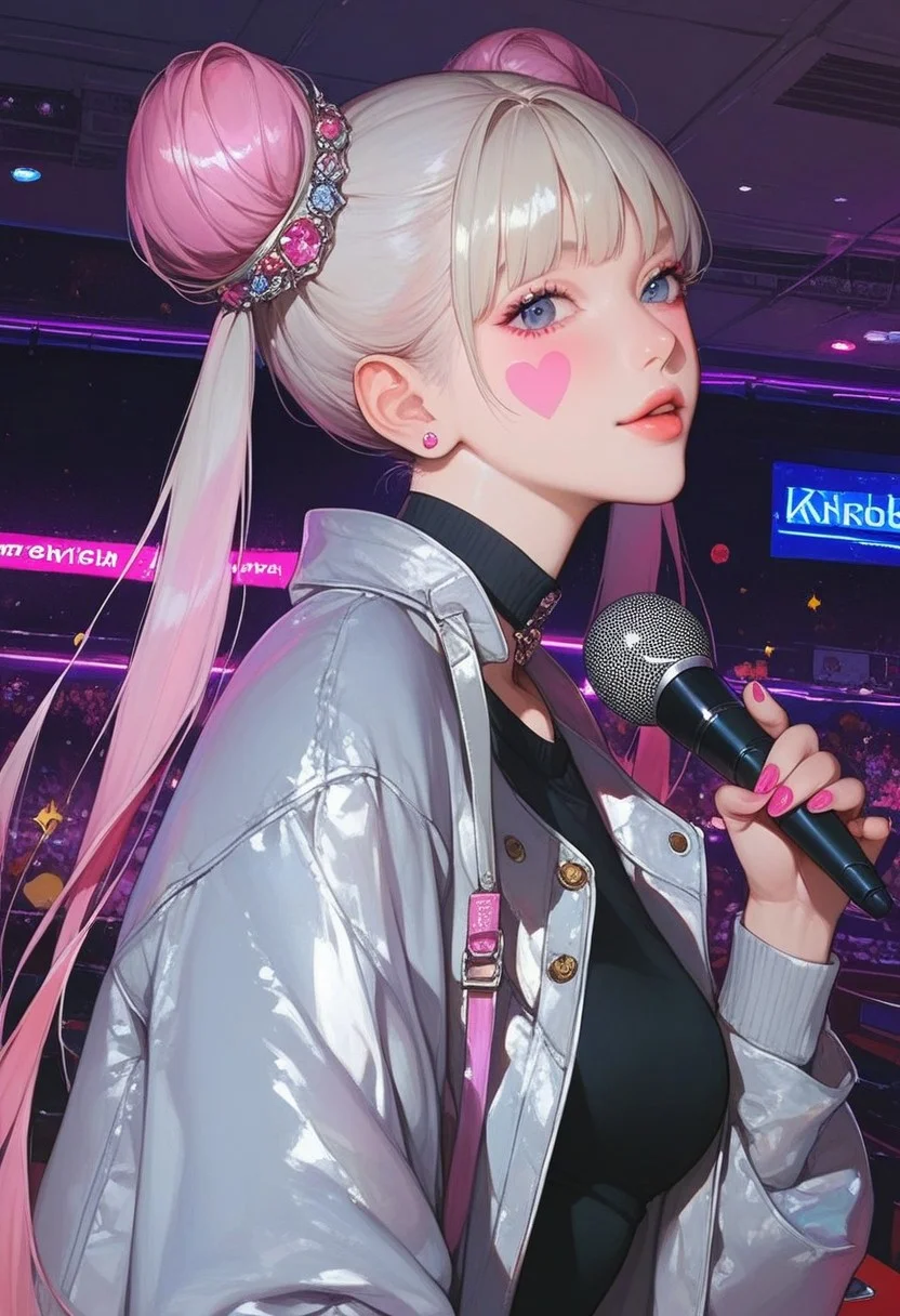 score_9, score_8_up, score_7_up, score_6_up, score_5_up, score_4_up,1girl, turtleneck sweater, black sweater, pale skin, high fashion, modern, drawing, whole body, realistic, female, barbie, extravagant, pink fur jacket with highly detailed attire , a female outfit, pink and silver dominant color, harness, choker, pink net socks, lots of details, lost of clothing details, silver accessories, platform heels, lots of accessories, minimalistic, eye catching, stunning, fashion sense, portrait, cute face, model girl, anime, looking at viewer, tattoo, from side, long twintails, hair bun, bangs, long bangs, korean face, short jacket, tight jeans, from aside, nail polish, indoors, On stage, holding a microphone, hime-cut, pink facial mark, singing, focus on expression, beautiful face, detailed face,
