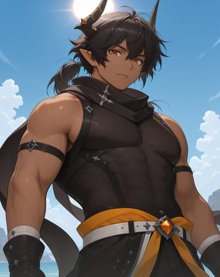 masterpiece, amazing quality, best quality, absurdres, very aesthetic,
1boy, solo, yaoi, male focus, cowboy shot, upper body, looking at viewer, face focus,
<lora:Sol_Limit_Break:1> lbsol, dark skin, horns, dark-skinned male, pointy ears, black hair, orange eyes, muscular male, hair between eyes, ponytail,
black gloves, black scarf, sleeveless shirt, covered abs, bare shoulders,
outdoors, day, blue sky, sun,