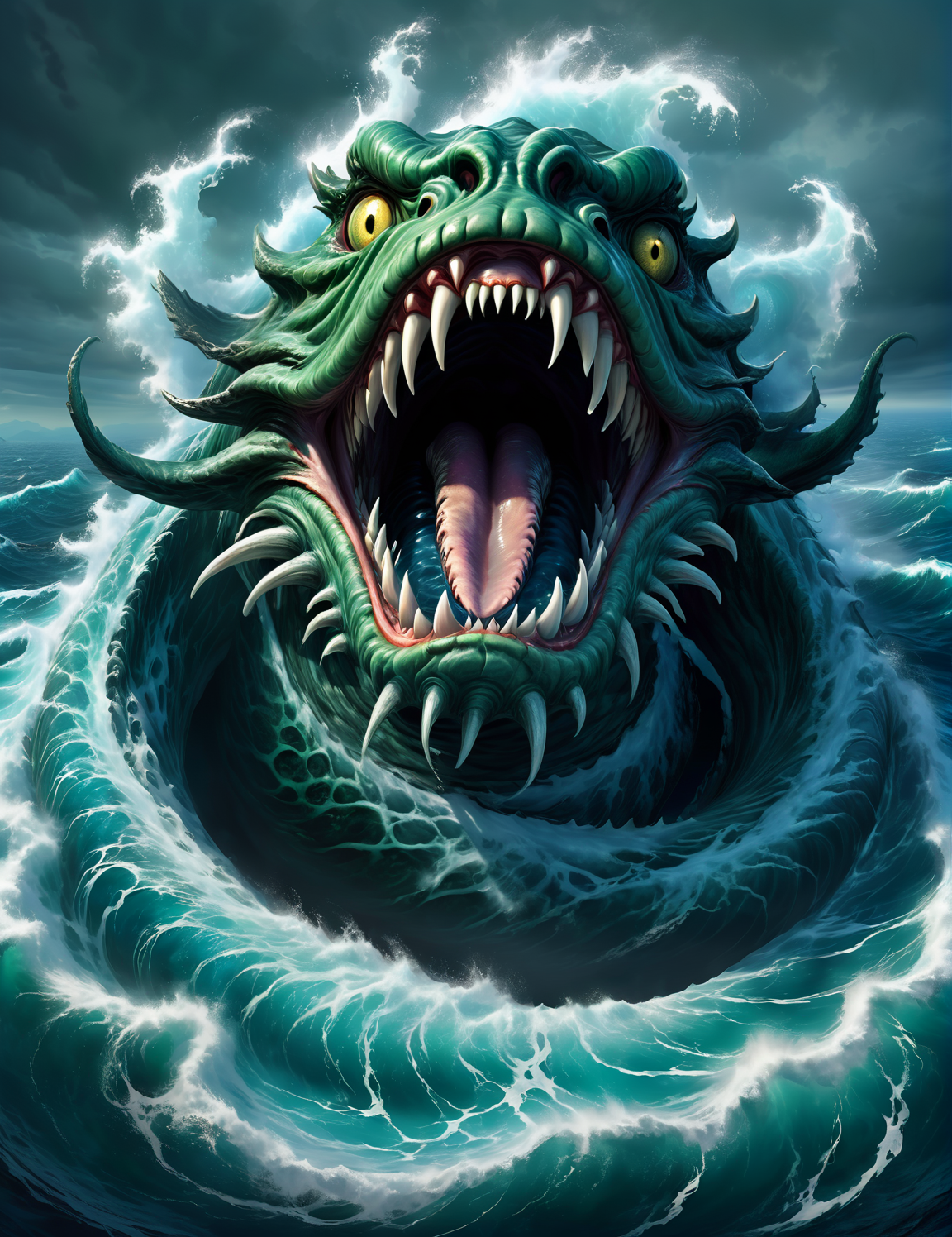a giant whirlpool with a giant sea monster mouth, from above, extremely detailed, fantasy, dark fantasy, high quality, digital art, extremely detailed  <lora:Faetastic2024-000012:0.5>
