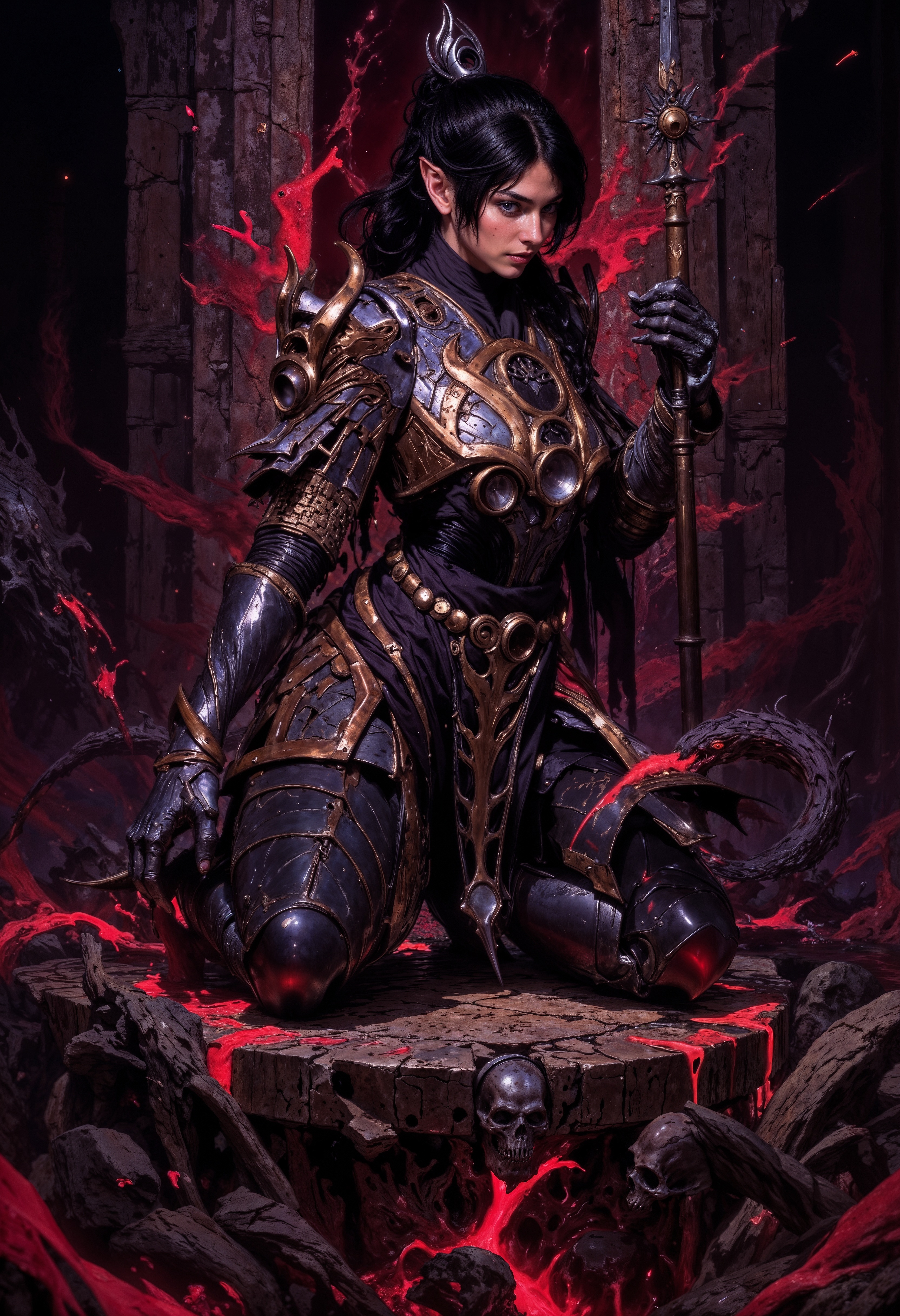 ShadowDJ, Digital fantasy artwork featuring a female character with a mystical and powerful presence. She has pale skin and she has long black hair styled in a braid. Her facial features are sharp and defined, with a focused expression. She wears ornate, dark armor with intricate silver and gold detailing, including a chest plate with circular designs and shoulder guards. The character is kneeling on a stone platform decorated with skulls and ancient runes, suggesting a ritualistic setting. In her hand, she holds a sharp staff, emphasizing her magical abilities. The background is a blend of dark red and purple hues, enhancing the mystical atmosphere of the scene. <lora:Anime v1.3:0.5> <lora:VividlySurreal:0.5> <lora:FLUX-daubrez-DB4RZ-v2:0.45> <lora:FluxMythP0rtr4itStyle:0.7> <lora:FluxShadowDJV1:1>
