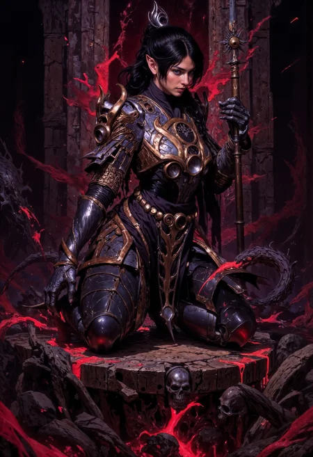 ShadowDJ, Digital fantasy artwork featuring a female character with a mystical and powerful presence. She has pale skin and she has long black hair styled in a braid. Her facial features are sharp and defined, with a focused expression. She wears ornate, dark armor with intricate silver and gold detailing, including a chest plate with circular designs and shoulder guards. The character is kneeling on a stone platform decorated with skulls and ancient runes, suggesting a ritualistic setting. In her hand, she holds a sharp staff, emphasizing her magical abilities. The background is a blend of dark red and purple hues, enhancing the mystical atmosphere of the scene. <lora:Anime v1.3:0.5> <lora:VividlySurreal:0.5> <lora:FLUX-daubrez-DB4RZ-v2:0.45> <lora:FluxMythP0rtr4itStyle:0.7> <lora:FluxShadowDJV1:1>