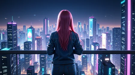 At night,A 20-year-old girl with long pink hair,wearing a distressed denim jacket and form-fitting denim pants,leans slightly on a high-rise balcony railing,observing the lively streets below. The skyline is dominated by high-tech skyscrapers adorned with neon lights,flying drones,and virtual advertisements. She is surrounded by a cool blue and purple glow from the city's countless electronic displays,and a soft wind makes her hair flutter. The feeling of a futuristic megacity pulsates around her.,<lora:kcyberpunk-01:0.6>,kcyberpunk,<lora:yuukananri-base-02-flux:0.8>,yuukananri,she has a slender physique and a petite build,