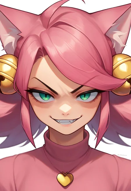 score_9, score_8_up, score_7_up, source_anime, solo, 1girl, Mew Mew, catgirl, pink hair, green eyes, half-closed eyes, cat ears, bells, pink shirt, heart locket, evil smirk, glare, smug, portrait, close up, half body, standing, arms at sides, looking at viewer, standing, white background