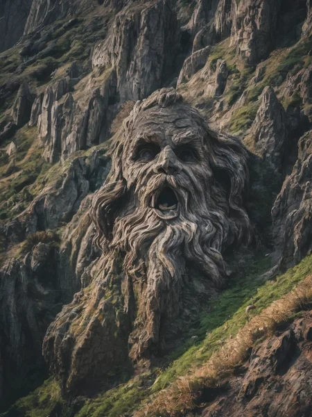 surreal, a strange looking mountain that has a weird chiseled rocky beard and a chiseled rocky mustache uncanny, deep shadows, random noise, (landscape focus:1.1), <lora:- SDXL - brdanmu_ beard_mustache_hair_V2.0:.6>,