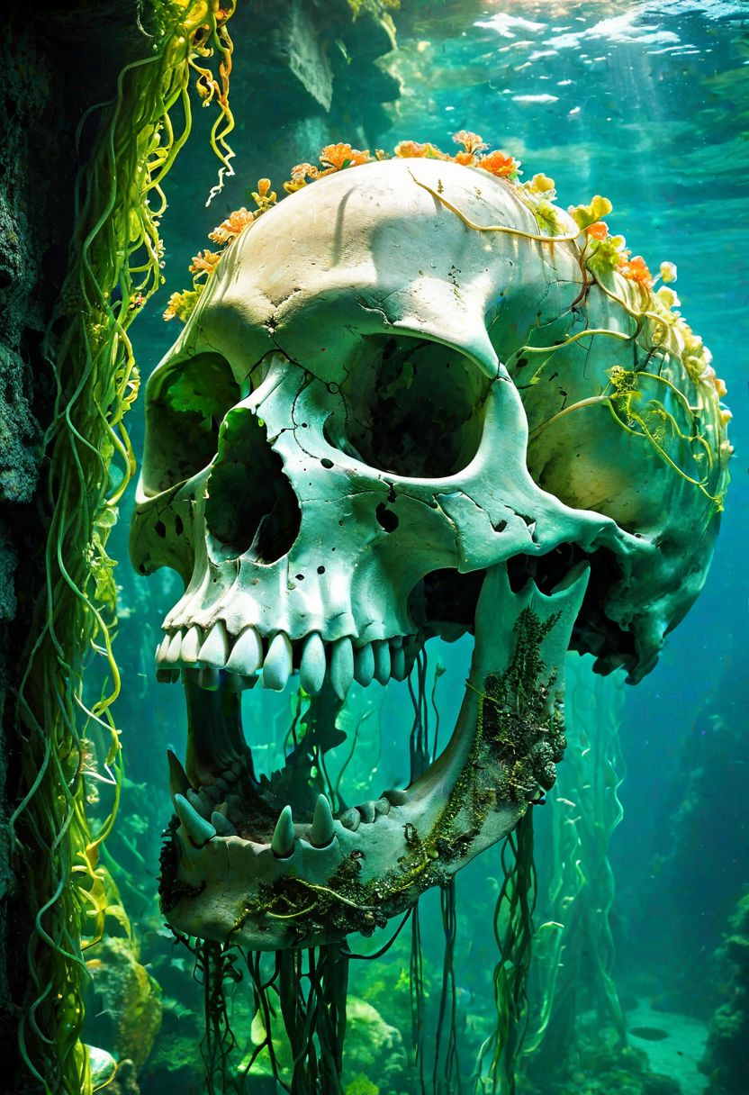 colossal creature skull, city within the skull, bioluminescent vines, algae patterns, vibrant coral, bustling underwater life, sunlight filtering through water, ancient monument, awe