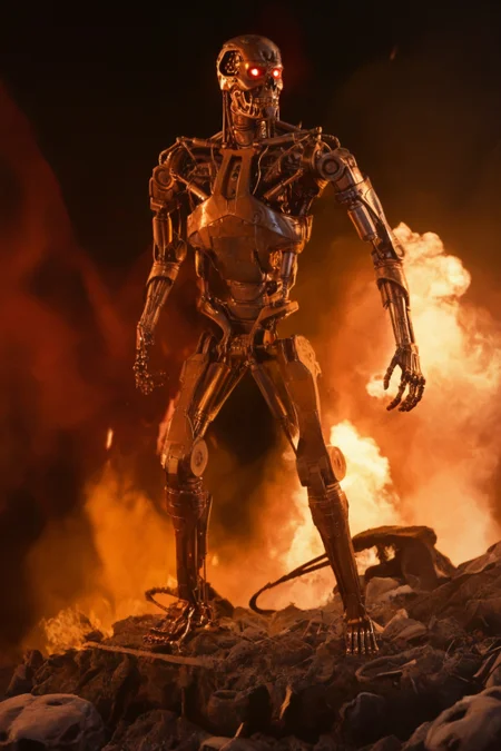 T800_Endo, Terminator robot, score_9, score_8_up, score_7_up, (source_IRL, source_movie), cinematic, realistic, masterpiece, high quality, highres RAW photo, ((full body shot))
a T800_Endo Terminator Robot with glowing red eyes, he is made of metal, <lora:T800_Endo_Terminator_Pony_v1:1>
(standing in flames)
black background, in flames, fire, flames and fire everywhere, there is so much fire
dynamic lighting, highly detailed, intricate details