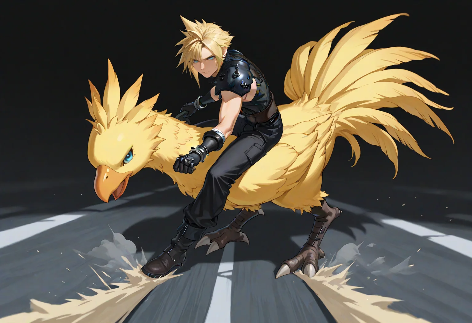 masterpiece, best quality, full body, male focus, solo, 1boy, cloud strife, final fantasy, serious, looking at viewer, ak1rasl1de, riding animal, chocobo, blonde hair, blue eyes, black shirt, sleeveless shirt, shoulder armor, gloves, black pants, boots, road
<segment:yolo-Anzhc Face seg 640 v2 y8n.pt,0.4,0.5//cid=1>