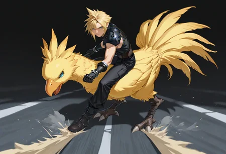 masterpiece, best quality, full body, male focus, solo, 1boy, cloud strife, final fantasy, serious, looking at viewer, ak1rasl1de, riding animal, chocobo, blonde hair, blue eyes, black shirt, sleeveless shirt, shoulder armor, gloves, black pants, boots, road
<segment:yolo-Anzhc Face seg 640 v2 y8n.pt,0.4,0.5//cid=1>