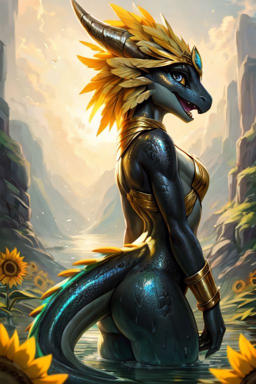 Tilt-shift, ((full shot)), ((split shot, over-under)), water surface, submerged in water,
dragon, (raptor:0.5) scalie, female, detailed black scales, detailed vivid scales, intricate iridescent scales, detailed face, detailed eyes, (big eyes:0.5), claws, fangs, (kobold:1.2), horns, ears, oiled up, glossy skin, green hands, (green chest), yellow eyes, horns, black skin, 
cute, young, (toned body:0.3), elegant, beautiful, bright eyes, expressive eyes, eyelashes, feminine, thick thighs, slim body, cute-fine-face,
round head, cute face, reflective eyes, 
open mouth, smile, shiny, sharp teeth,
standing, back view, seen from behind, Over the Shoulder pose, sunflowers, surrounded by sunflowers, 
(big yellow feather headdress)), long yellow crest feathers, yellow feather ornaments,
iridescent gold, golden necklace, golden bracers, 
<lora:dragon:0.3>, 
<lora:Tangbohu Detail Tweaker:-0.1>,
<lora:nanachi:0.3>,
<lora:Velociraptor_Dino:0.3>,
<lora:GAME_Gerudo_riju_aiwaifu69:0.3>;
by ulitochka, by darkgem, by thesecretcave, by silverfox5213, by hioshiru, by carrot,
Volumetric lighting, Rim lighting,
noon, blue sky, waves, birds in the sky, cove, coast,
((on the beach, tropical sea, horizon, sunlight)),
(ambient light on the body), 
Ray tracing, concept art, highly detailed, ((masterpiece)), ((best quality))  cinematic composition, ultra realistic, (high detail:1.3), sharp focus